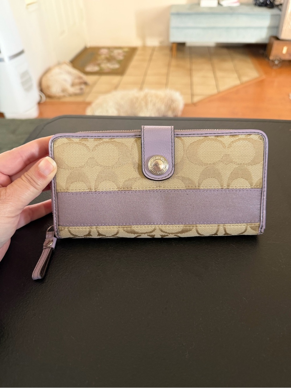 Coach Beige Signature Canvas Wallet with Lavender Trim